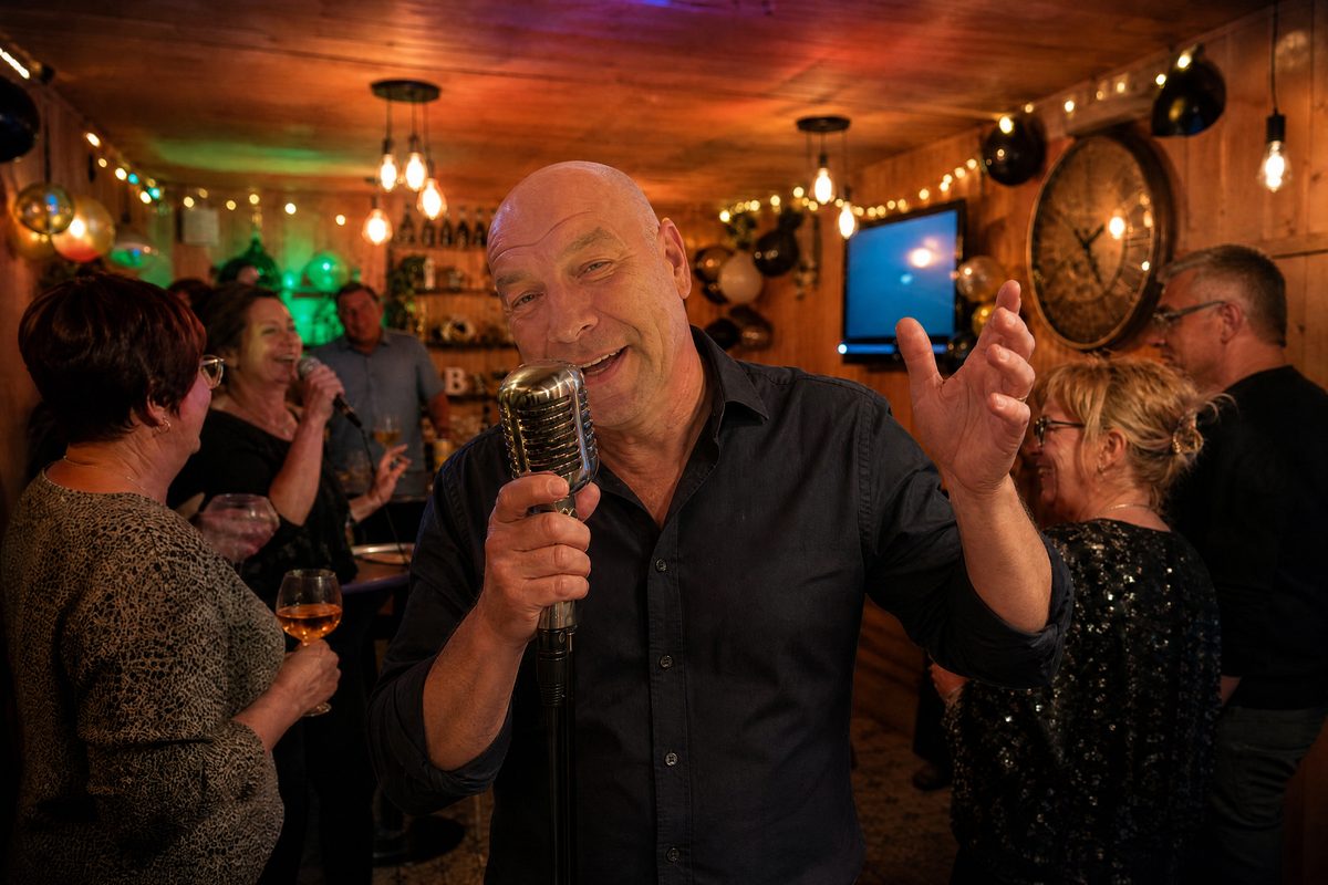 De jarige zingt aan een retro microfoon in de zaal van Pjeedepoel, vrienden lachen en zingen mee tussen de ballonnen en de grote klok aan de houten wand